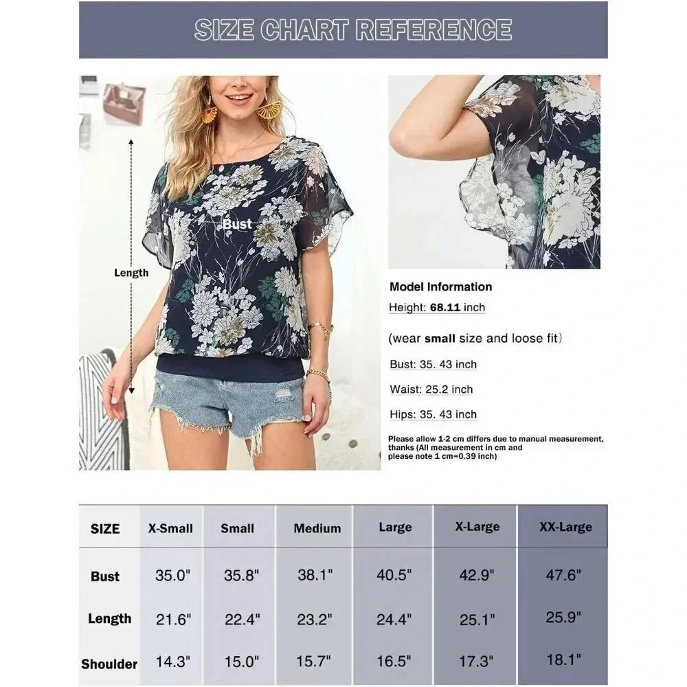 Chiffon Casual Tops for Women Ruffle Short Sleeve T Shirt Loose Blouse Top - Picture 4 of 4